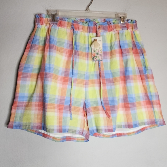NWT Johnny Was Delacey Plaid Paperbag Pullon Shorts Cotton Pockets Size Medium